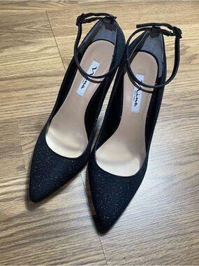 Nina Black Glitter Pointed Toe Ankle Strap Heels
